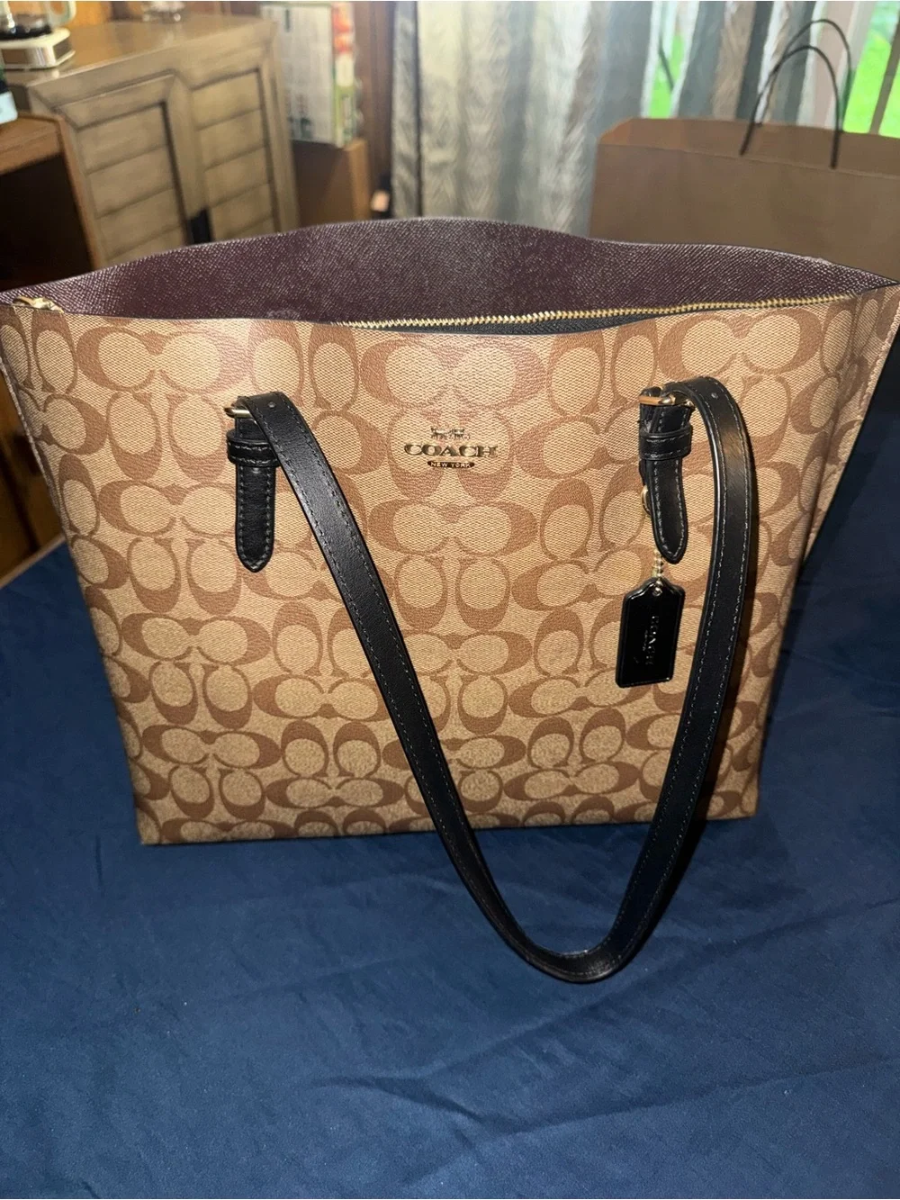 Coach Brown Signature Canvas Tote with Black Leather Straps